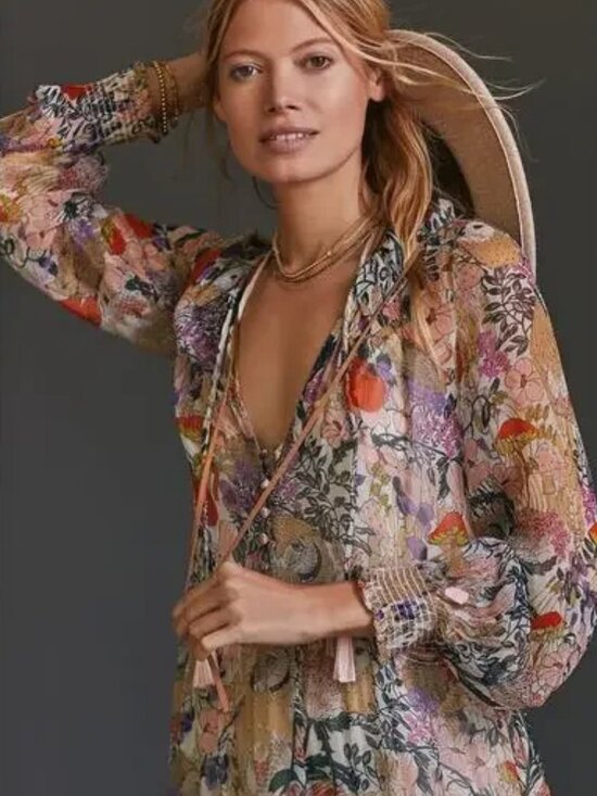 Rare NWT Anthropologie The Marais printed owl chiffon boho maxi dress size s - Picture 2 of 5